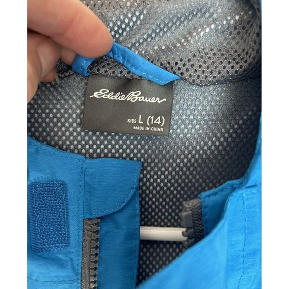 Eddie Bauer Lightweight Hooded Windbreaker Jacket Kids Size L (14) Blue Pockets - Picture 6 of 9